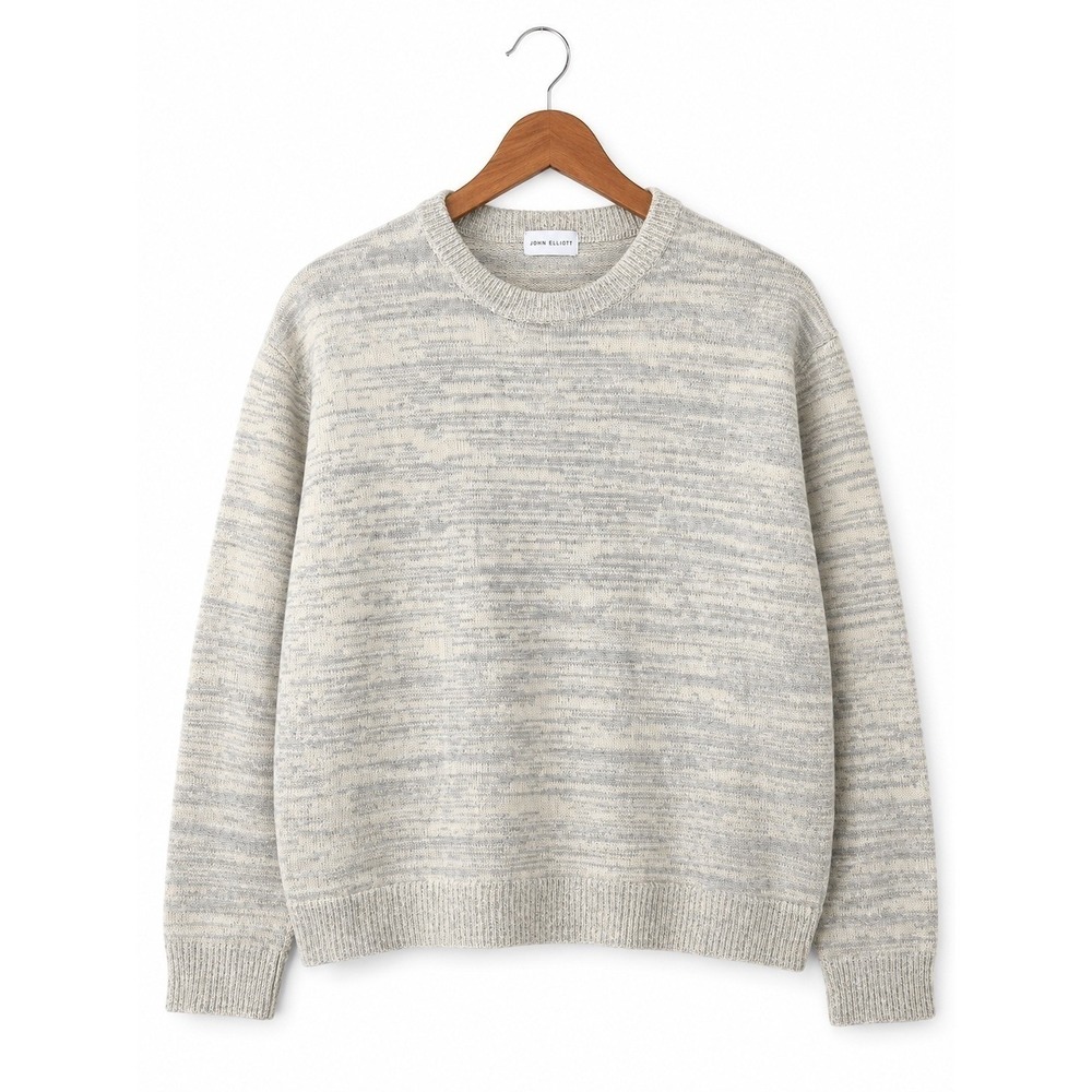 John Elliott Mens Grey White Space Dye Melange Knit Crewneck Sweater Relaxed Fit